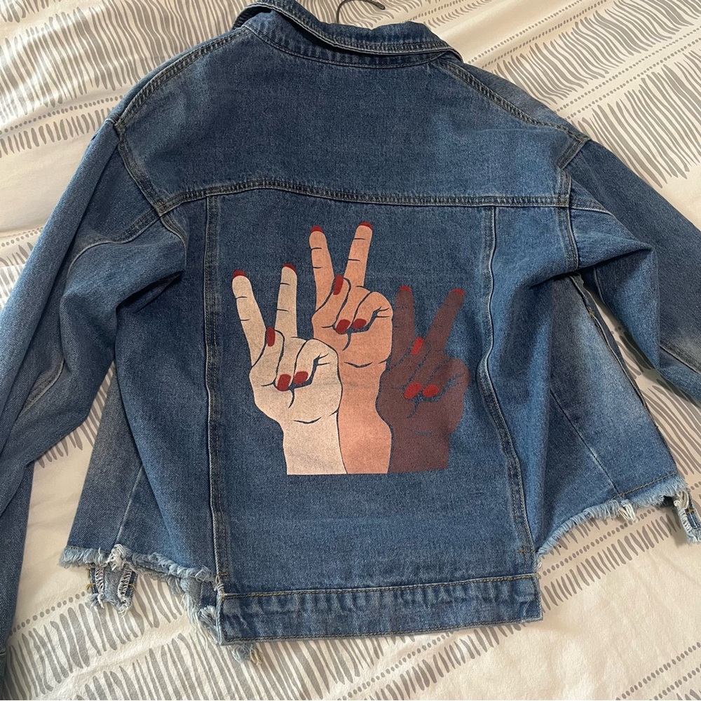 Honeybum Distressed Jean Jacket with Peace Sign Art on Back